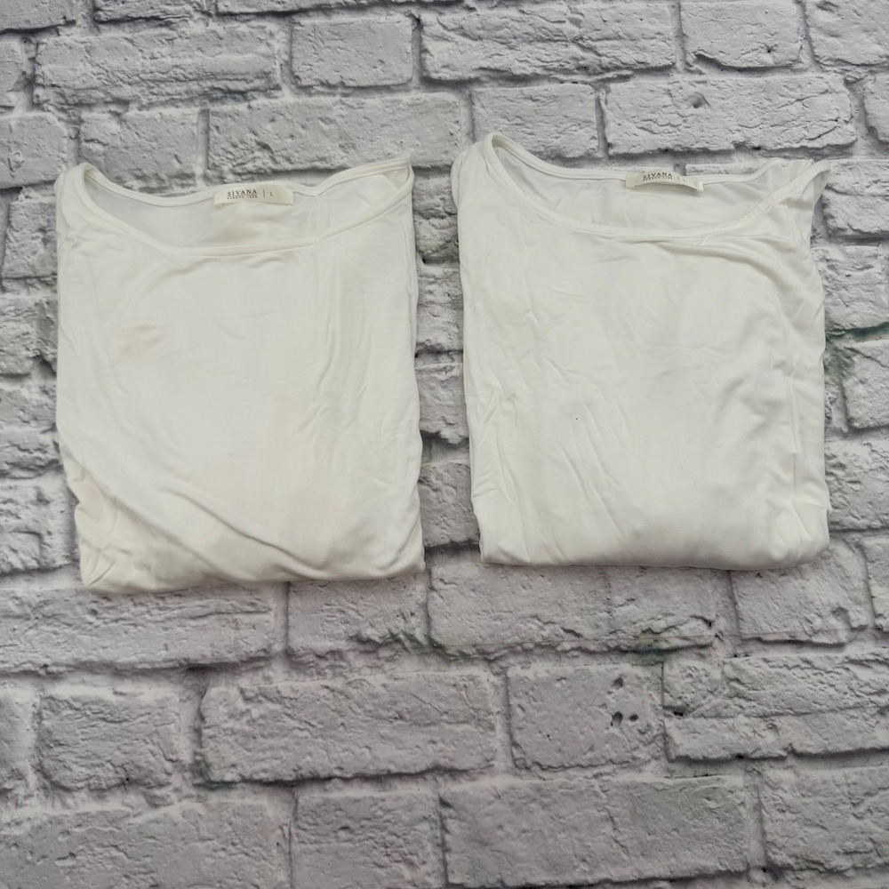 Sivana Bamboo Luxe Long Sleeve Scoop Neck Curved Hem Shirts White Set of 2 Large